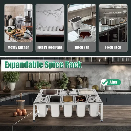 Miniatura 6 de Estante de especias expandible de 2 niveles, estante organizador de acero inoxidable con tapas de sartenes, cucharones, soporte de encimera