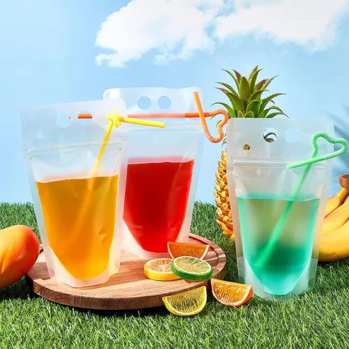 Miniatura 4 de Tessco for you 10 bolsas de plástico de verano para bebidas con pajitas, bolsas de mano translúcidas resellables de 17 onzas, bolsas portátiles