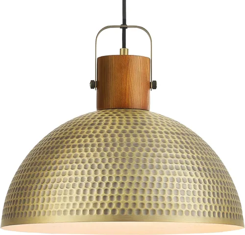 ELYONA Lámparas colgantes martilladas grandes de 16 pulgadas, lámpara colgante de cúpula vintage de madera de fresno, candelabro de cocina de metal