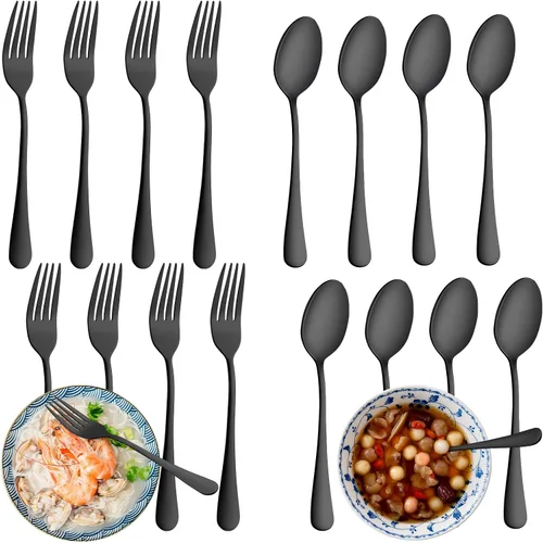 Juego de 24 cubiertos negros de tenedores y cucharas de acero inoxidable de grado alimenticio para cocina y restaurante, 12 tenedores de cena (8