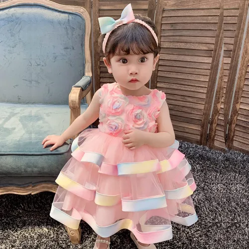 Miniatura 7 de 6M-6T - Vestido de tutú floral colorido para niñas pequeñas vestido de fiesta de noche boda Navidad baile con diadema
