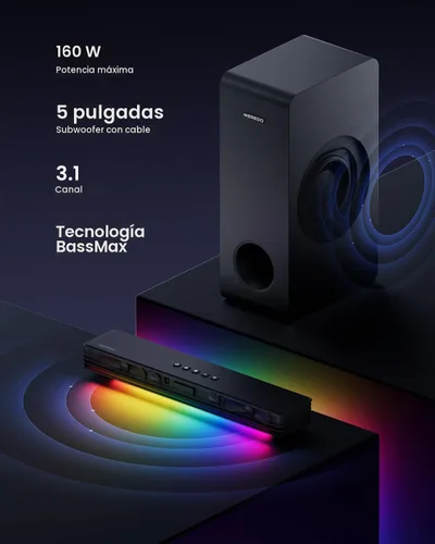 Miniatura 3 de MEREDO Barra de sonido para Smart TV 160W 3.1CH PC Gaming Barra de sonido con subwoofer RGB Iluminación Audio Sincronización Sistema de sonido