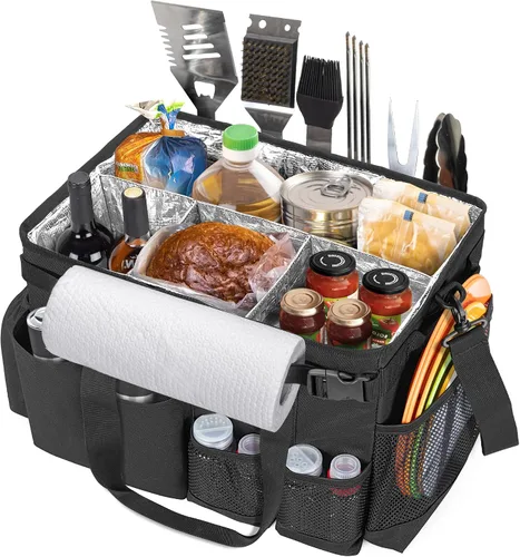 HODRANT Organizador grande para utensilios de parrilla con soporte para toallas de papel, organizador de bolsa de picnic al aire libre para