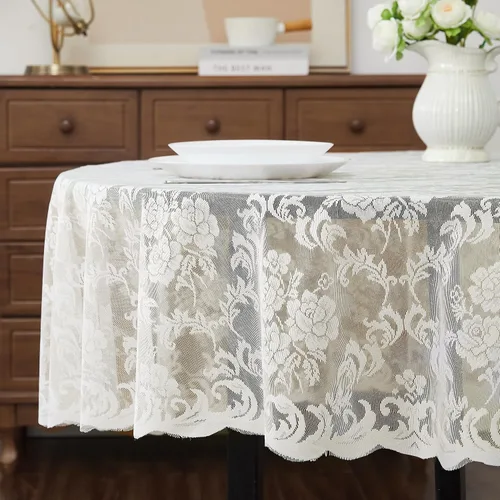 Miniatura 2 de ASATEX Mantel redondo de encaje de lino dorado de 48 pulgadas. El patrón floral clásico y elegante es la elección ideal para cualquier comedor