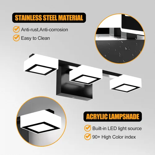 Miniatura 8 de Lámparas LED modernas para baño, 3 luces regulables con 5 modos de color, accesorios de iluminación de pared de baño acrílico negro mate sobre