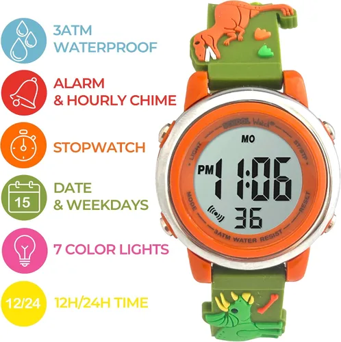 Miniatura 3 de Preschool Collection Reloj digital con luz para niños, camiones monstruo, dinosaurios, tiburón, unicornio, mariposa, araña, niñas, niños, escuela