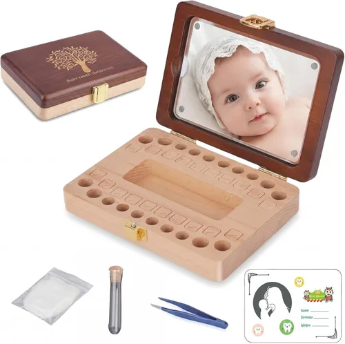 Caja de recuerdo de dientes de bebé, caja de madera hecha a mano para guardar recuerdos de dientes con marco de fotos, adecuada para niños y niñas,