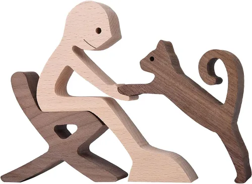 ISHINE Escultura de madera para hombres y gatos, figuras de animales hechas a mano, decoración de madera, figura coleccionable para oficina en casa,