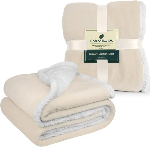 Miniatura 9 de PAVILIA Manta de forro polar Sherpa para sofá, tamaño Twin, color beige crema, manta de felpa suave y esponjosa, acogedora manta de invierno Latte