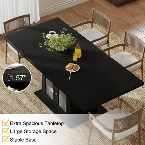 Miniatura 5 de HSH Mesa de comedor negra para 4 a 6, moderna mesa de comedor de cocina con estante de almacenamiento de 3 niveles y gabinete de puerta acrílico