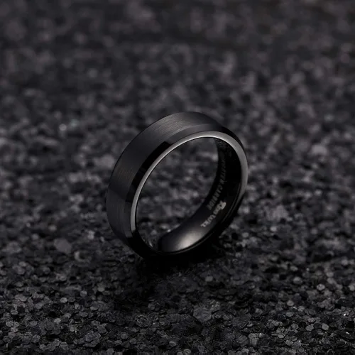 Miniatura 102 de King Will Anillo de boda de tungsteno para hombre, disponible en 15/64 a 25/64 de pulgada (6 a 10 mm), negro/plata, acabado mate, borde pulido