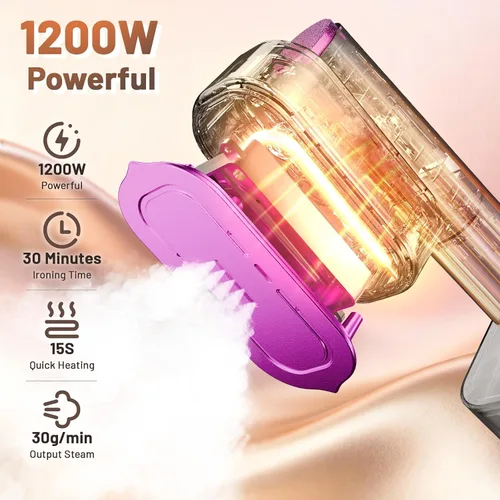 Miniatura 3 de Vaporizador para ropa, vaporizador de ropa 2 en 1 de mano, plancha de viaje, plancha de vapor de 6 niveles de 1200 W con pantalla LED, calentamiento