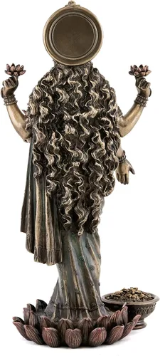 Miniatura 3 de Top Collection Lakshmi Estatua en plataforma de loto, escultura de diosa de la riqueza, la prosperidad, la sabiduría y la fortuna en bronce fundido