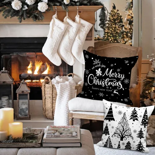 Miniatura 4 de Lanpn Fundas de Almohada Decorativas de Navidad 16x16 4 piezas, Negro Blanco Feliz Navidad Navidad Invierno Copo de Nieve Decorativas Vacaciones