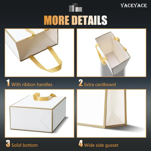Miniatura 4 de Bolsas de regalo de tamaño mediano con asas de cinta, 10 bolsas de regalo blancas de 8 x 4.25 x 10.5 pulgadas con marco delgado dorado, bolsa