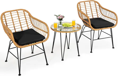 Tangkula Juego de 3 piezas de mobiliario de mimbre para patio, juego de conversación de ratán con 2 sillones acolchados y mesa de café redonda de