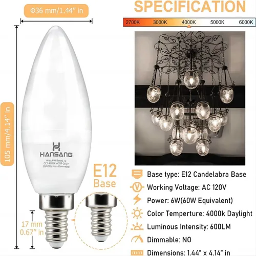 Miniatura 3 de Paquete de 8 bombillas LED E12 de 4000 K luz natural, base pequeña tipo B para candelabro, equivalente a 6 W, 60 W, bombillas para ventilador de Luz