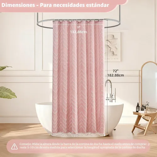 Miniatura 5 de Siiluminisoy Cortina de ducha bohemia rosa de tela tejida con borlas blancas, bonita cortina de ducha moderna de granja con textura tufted de A Pink