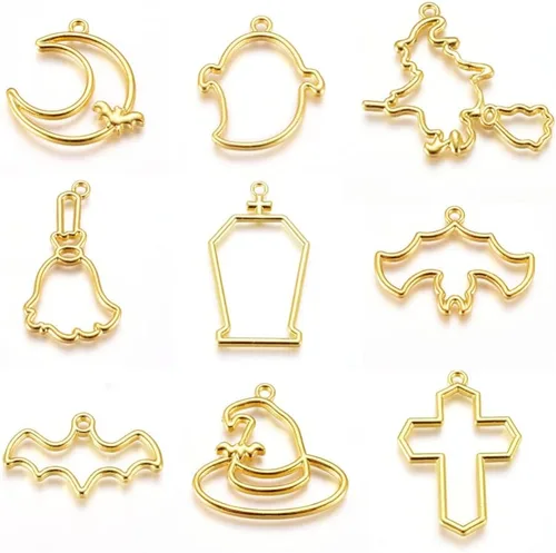 Miniatura 21 de Cheriswelry Colgantes de bisel de aleación de oro surtidos con parte trasera abierta, diseño de hoja de flor, corazón, metal, marco hueco, molde