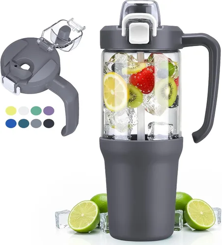 Miniatura 10 de Vaso de vidrio con asa de transporte, botella de agua de vidrio transparente con tapa a prueba de fugas, tapa de boquilla y popote, sin BPA, 32