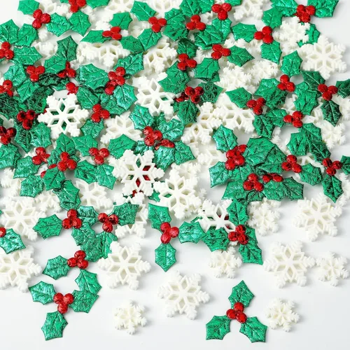 JUNEBRUSHS 120 Piezas de Decoraciones Navideñas de Resina en Miniatura, Mini Copos de Nieve de Resina Hojas de Acebo Bayas, Adorno Navideño para