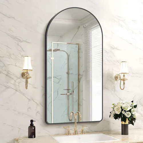 Miniatura 33 de FORBATH Espejo de baño arqueado de 16 x 24 pulgadas, espejo de baño negro montado en la pared, moderno marco de aleación de aluminio, espejo de arco