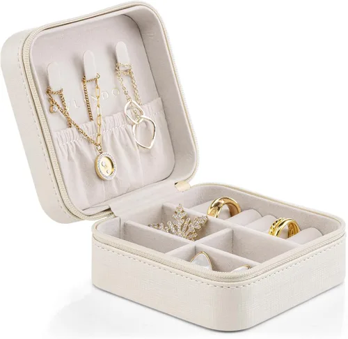 Vlando Pequeño joyero de viaje organizador para niñas y mujeres, regalo anillos, aretes, collares, almacenamiento, color beige