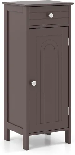 Miniatura 12 de Tangkula Armario de suelo de baño, gabinete de almacenamiento independiente de una sola puerta con cajón y 2 estantes ajustables, organizador