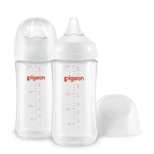 Pigeon Biberón de cristal de cuello ancho, anticólicos, cuerpo aerodinámico, sensación natural, fácil de limpiar, resistente al calor, 8.1 onzas