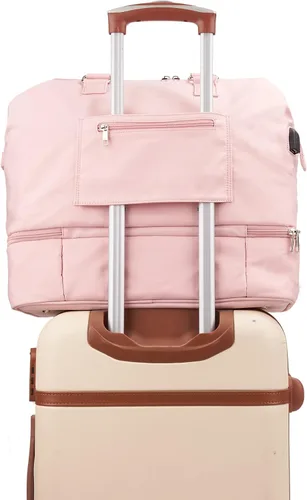 Miniatura 5 de MINKARS Bolsa de fin de semana con compartimento para zapatos, funda para portátil, puerto de carga USB, Rosado, Bolsa de fin de semana