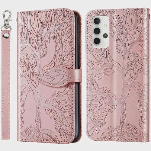 Miniatura 9 de Funda tipo cartera para Samsung Galaxy A32 5G, piel sintética de alta calidad con diseño de árbol en relieve, función atril, ranuras para tarjetas