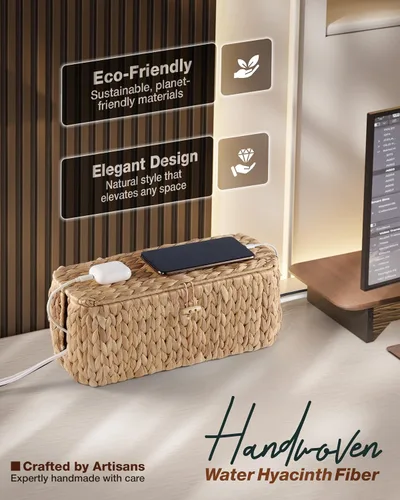 Miniatura 2 de BLUEWEST Caja organizadora de cables, caja organizadora de jacinto de agua, organizador de cables de ratán duradero con ranuras dobles abiertas