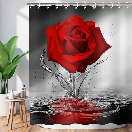 Miniatura 2 de JAWO Cortina de ducha con diseño de rosas, románticas flores y rosas rojas reflejadas en el agua, cortina de baño de tela, cortina de baño negra