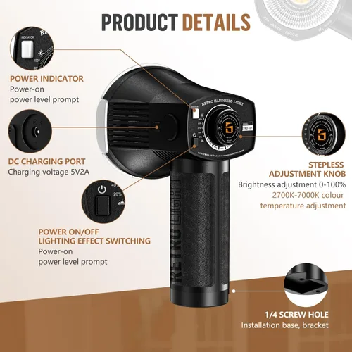Miniatura 6 de LENSGO Luz de cámara retro 40H, 40 W bicolor 2700K-7000K CRI 96+ luz de video, 2600 mAh, 8 modos de luz, brillo ajustable y temperatura