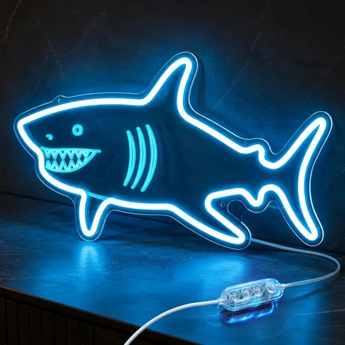 Letrero de neón de tiburón con sensor de movimiento, letrero de neón LED azul hielo con 3 modos regulables, tablero acrílico decoración de tiburón