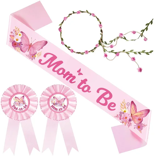 Banda temática de mariposa para baby shower, baby shower, papá y corona de flores rosadas para revelaciones de género, fiesta, baby shower, Estilo