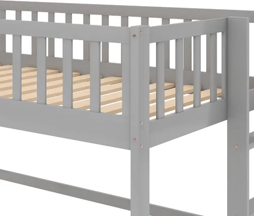Miniatura 7 de Cama baja tipo loft, cama baja de tamaño individual con tobogán, marco de cama baja de madera con barandillas y escalera lateral para niños, niñas