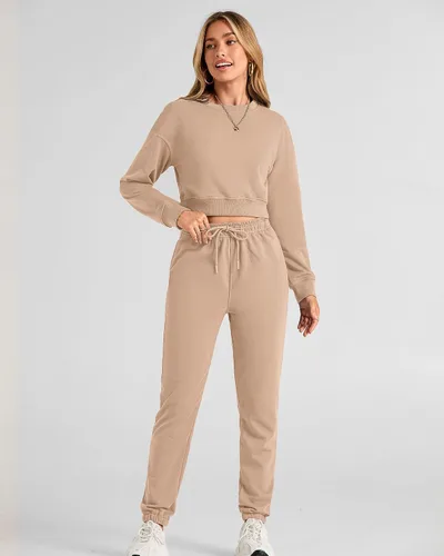 Miniatura 70 de BTFBM Conjunto deportivo de 2 piezas para mujer, camiseta corta de manga larga, sin botones, pantalón con cordón ajustable, pantalones deportivos