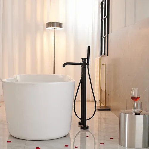 Miniatura 8 de BWE Grifos de bañera independientes de montaje en el suelo, latón macizo negro, mango único, moderno, llenado de bañera de baño, alto caudal