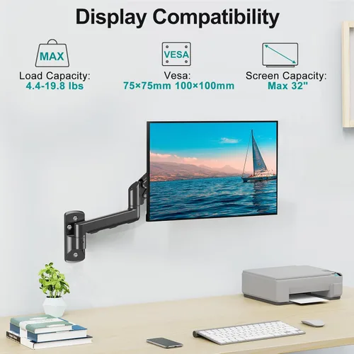 Miniatura 2 de Soporte de pared para monitor se adapta a pantallas de computadora planas/curvas de 17 a 32 pulgadas, un solo brazo soporta hasta 19.8 libras, Negro