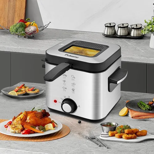 Miniatura 6 de Pukomc Freidora Eléctrica Profunda, Capacidad de Aceite de 1.5 Litros/1.6 Qt, Freidora Profunda Pequeña con Cesta para Uso Doméstico, Laterales
