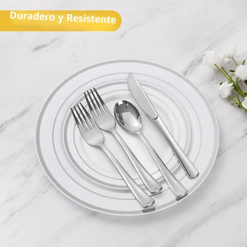 Miniatura 5 de Goodluck 600 Piezas Platos Desechables Plateados para 100 Invitados, Juego de Vajilla de Plástico de 100 Platos de Cena, 100 Platos de Ensalada, 100