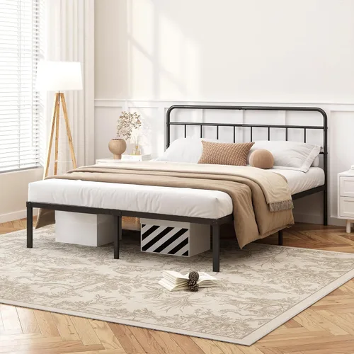 Kujielan Marco de cama tamaño Queen de 12 pulgadas con cabecera minimalista, base de plataforma de metal con listones de metal fuertes, base de
