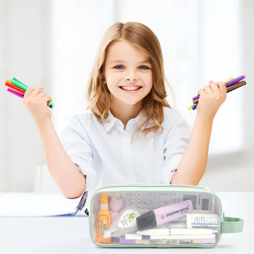 Miniatura 5 de Estuche grande de malla de malla con 2 compartimentos, bolsa transparente para lápices con cremallera, bolsa de papelería transparente multifunción