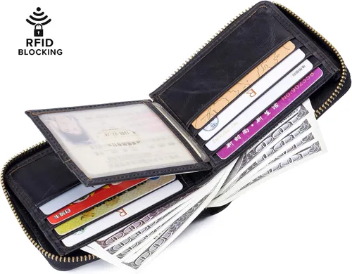Miniatura 3 de BULLCAPTAIN Cartera de cuero genuino con cremallera para hombre bloqueo RFID cremallera segura y plegable alrededor de carteras cartera