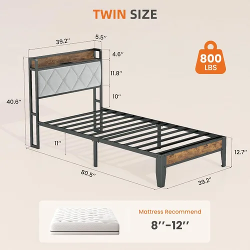 Miniatura 2 de Sweetcrispy Base de cama individual con cabecero, cabecera de almacenamiento con estación de carga USB, marco duradero sin chirridos, montaje simple