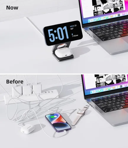 Miniatura 4 de Cargador inalámbrico magnético plegable, estación de carga 3 en 1 de aleación de aluminio KU XIU X40 para Apple, soporte de cargador magnético Gris