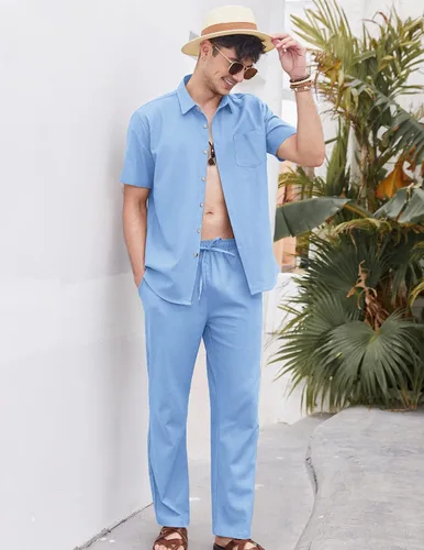 Miniatura 3 de COOFANDY Conjunto de 2 piezas de lino para hombre, conjunto de camisa y pantalón con botones para la playa