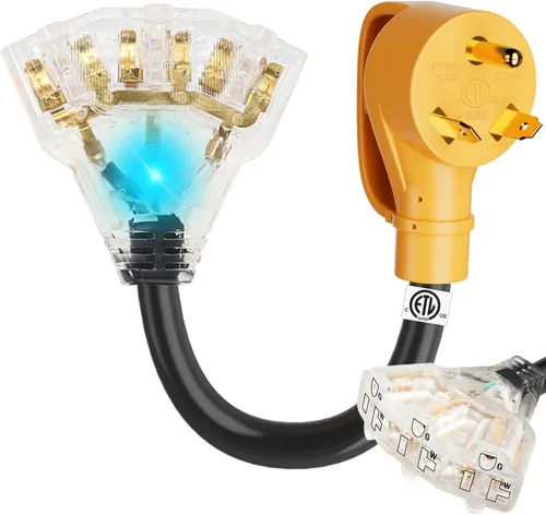 MECMO Adaptador de distribución RV de 30 amperios a 20 amperios de 110 V NEMA TT-30P macho a 3X 5-15R/5-20R, 30 Amp a Triple 15 Amp / 20 Amp 3