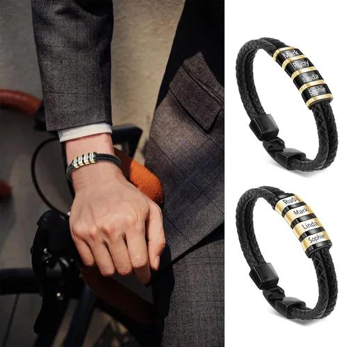 Miniatura 38 de Pulseras de cuero personalizadas para hombre con 1-6 nombres, pulsera trenzada personalizada con cuentas para papá, marido, día del padre, San